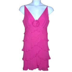VINTAGE 90s magenta barbiecore tiered‎ silk spaghetti strap formal dress M